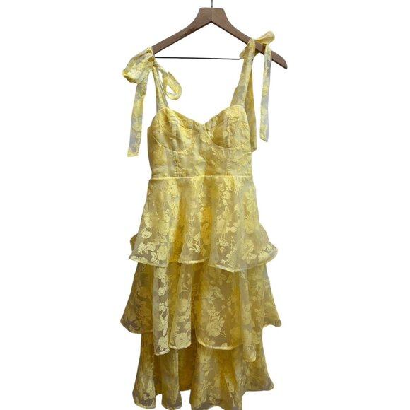 Lulus Glamorous Sweetie Dress Yellow Floral Bustier Midi - Picture 3 of 9